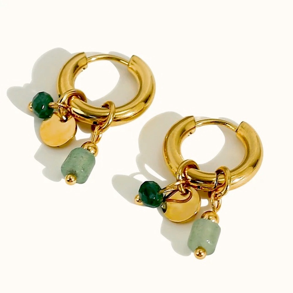 NEW 14k Gold Plated Stainless Steel Natural Jade Crystal Stone Hoop Earrings